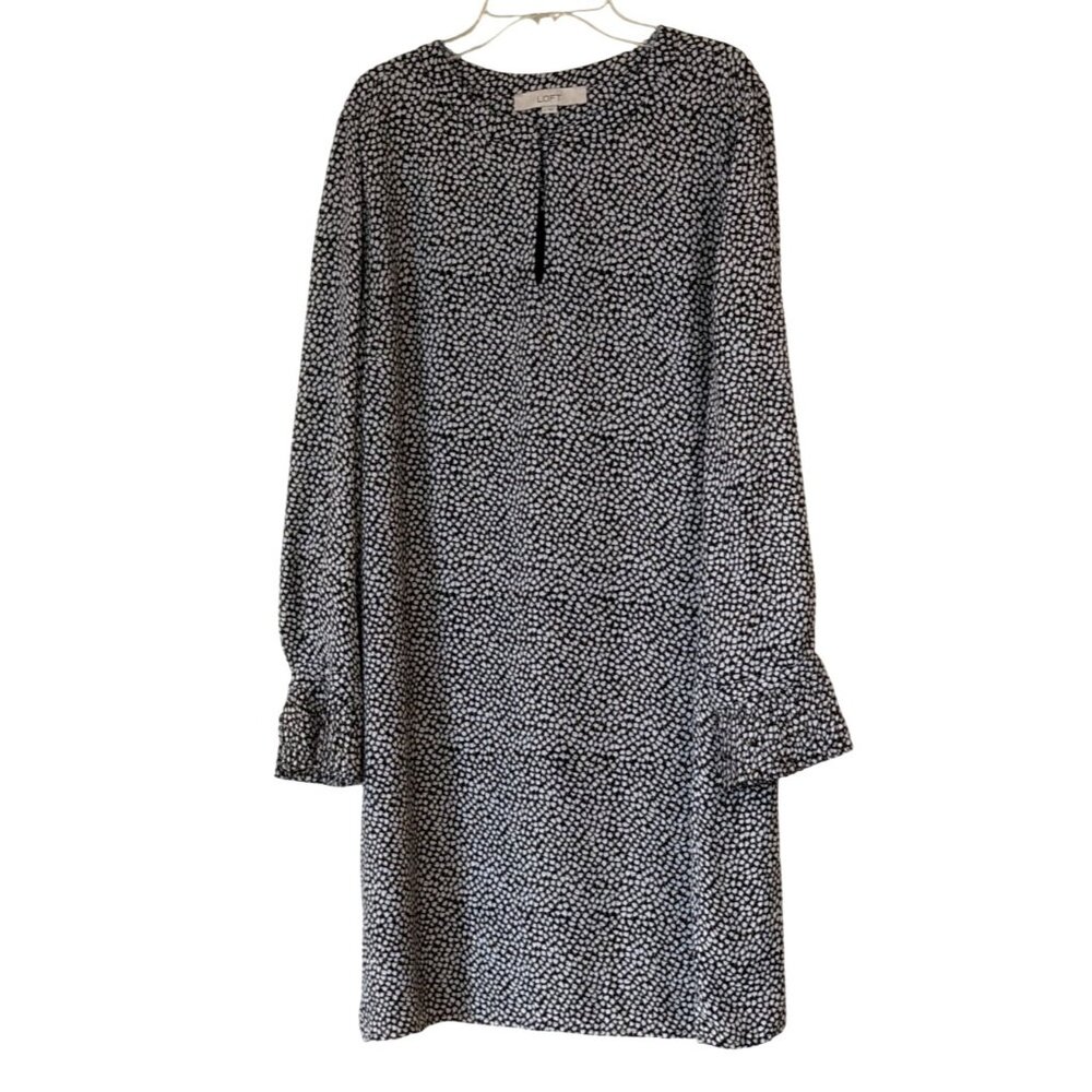 Loft Women's Long Sleeve Print Dress Pleated Cuff White Black Size Lg